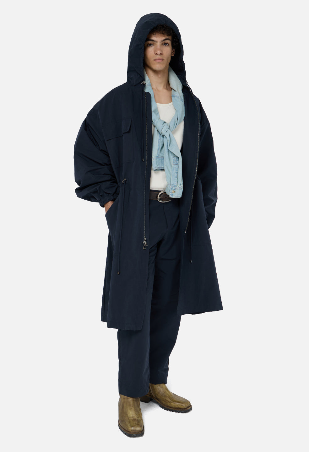 Vero Brushed Nylon Hooded Trench / Dark Navy