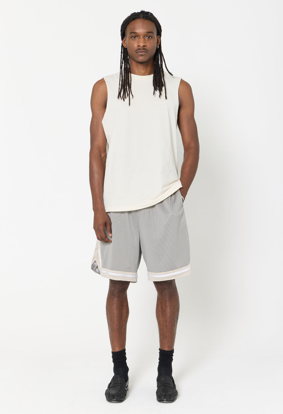 Shaolin Oversized Court Shorts / Grey x Tan