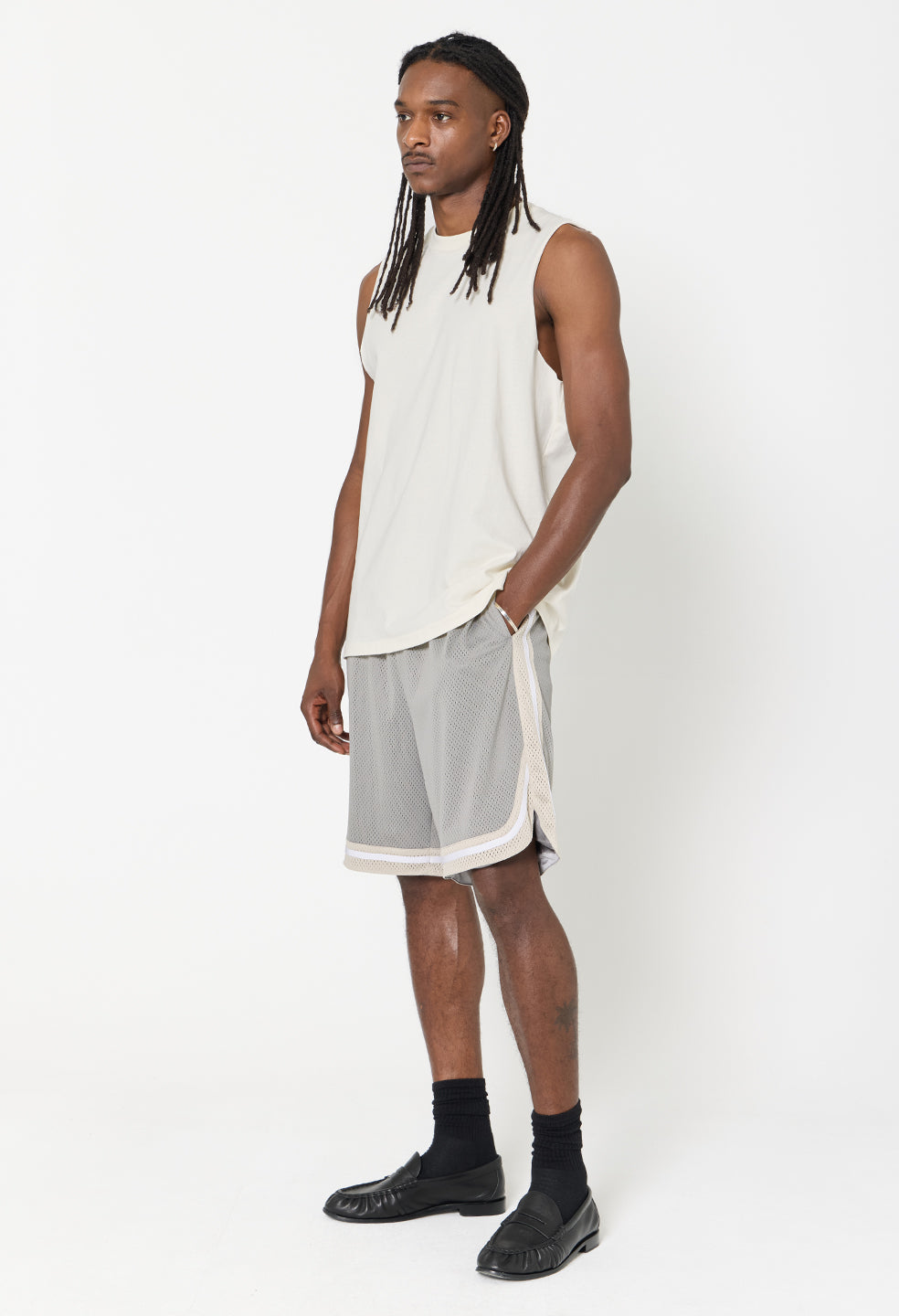 Shaolin Oversized Court Shorts / Grey x Tan