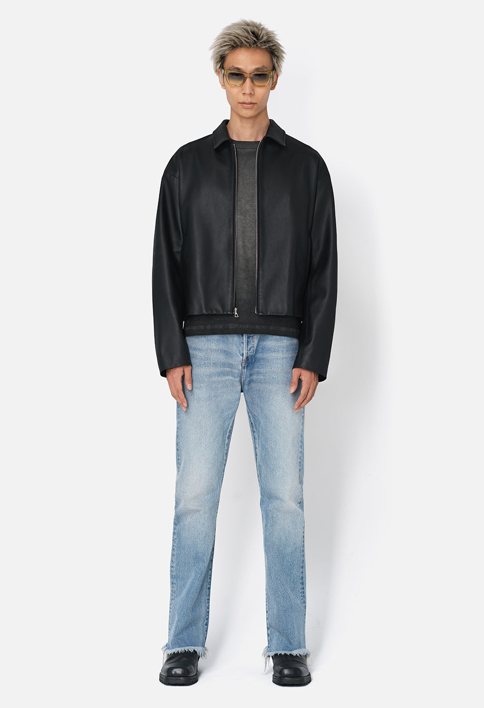 Leather Cropped Zip Jacket / Black