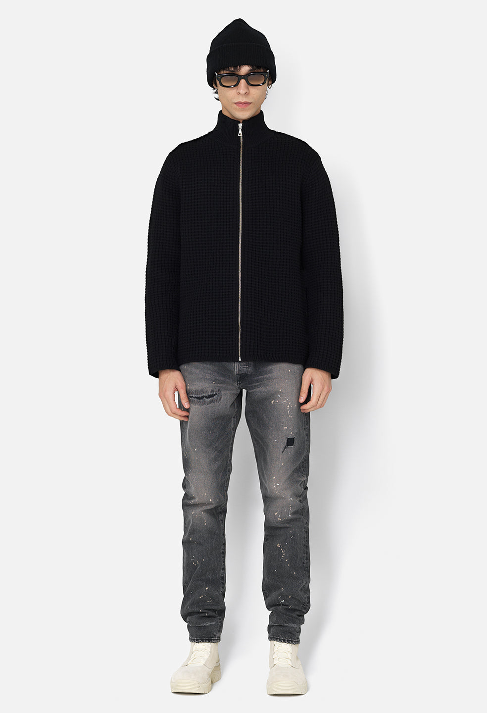 Wool Waffle Knit Full-Zip / Black