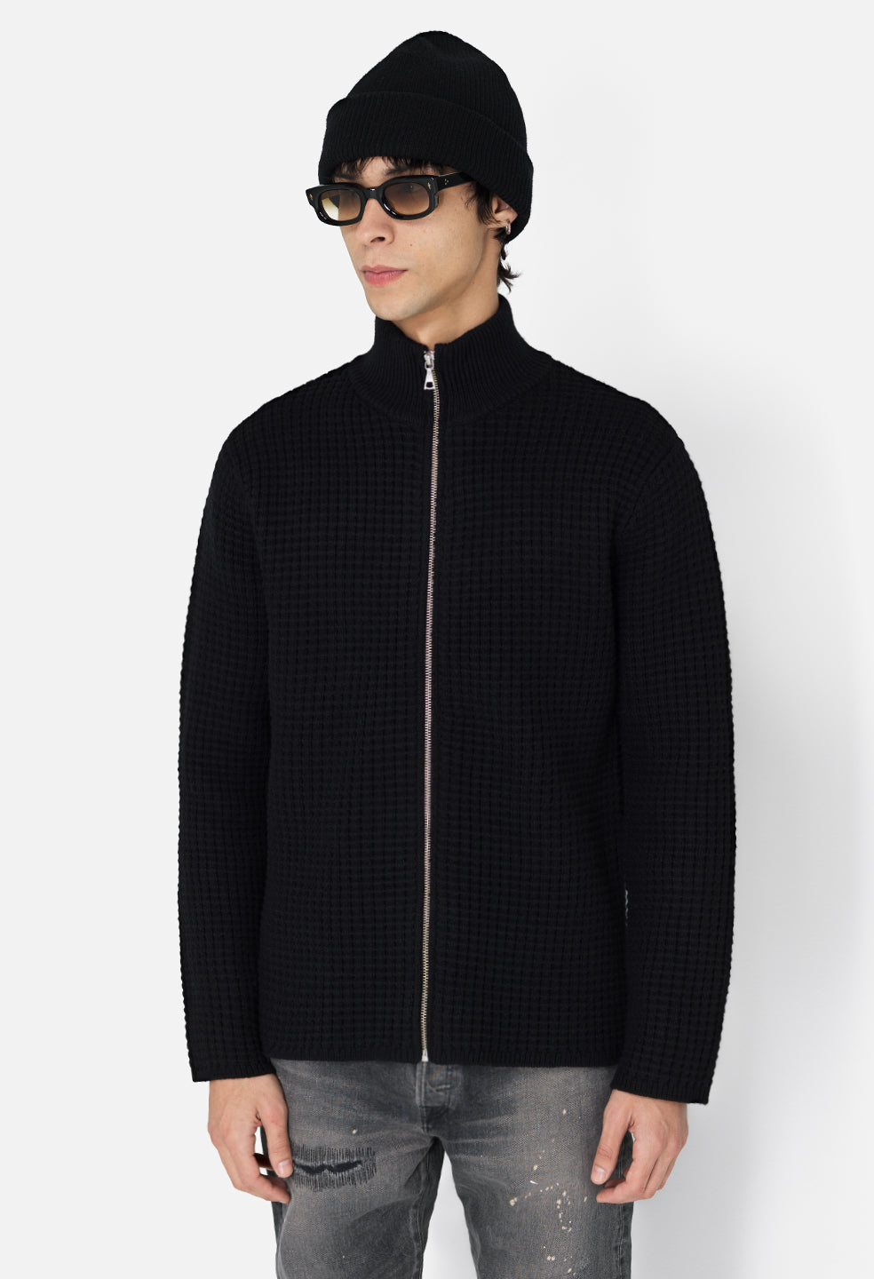Wool Waffle Knit Full-Zip / Black